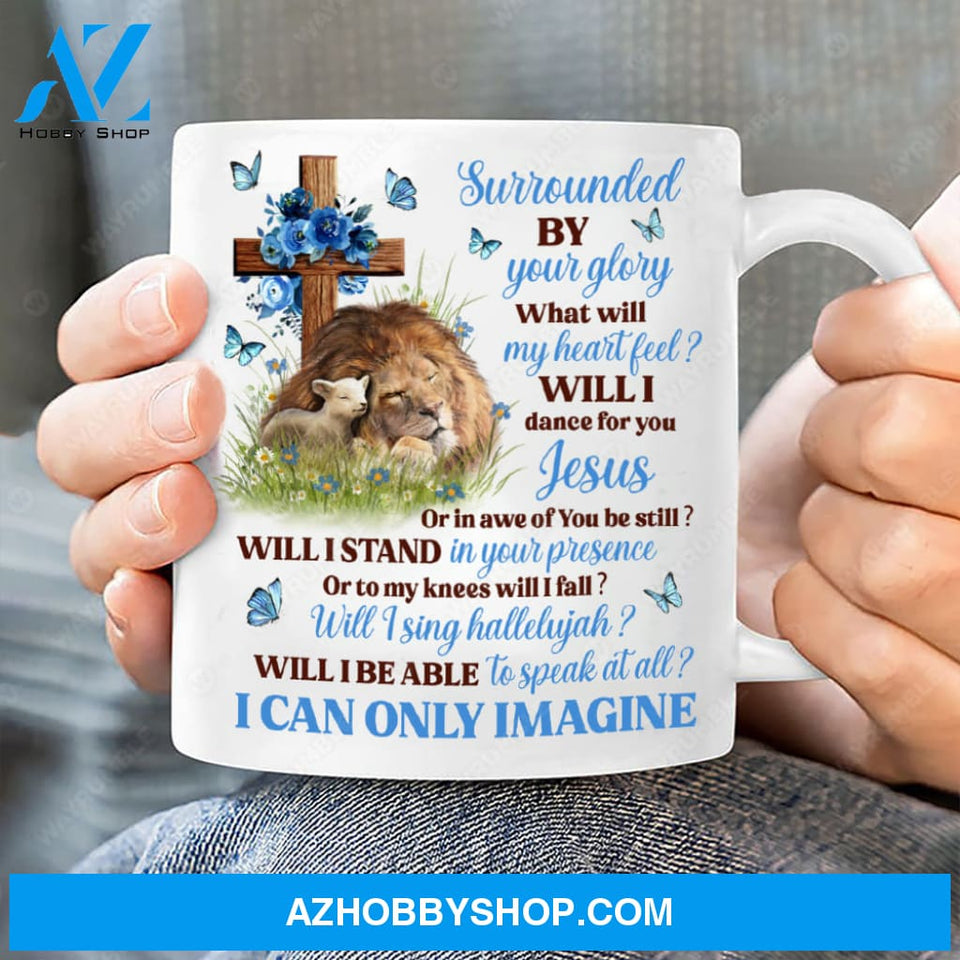 Peaceful time, The lion and the lamb, Wooden cross and blue flower, I can only imagine - Jesus White Mug