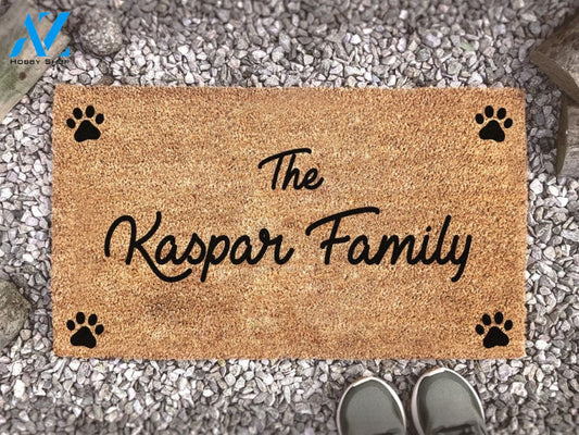 Personalised Family Name Paw Doormat - Dog Footprint Mat - Animal Lover Gift - Custom Coir Door Mat