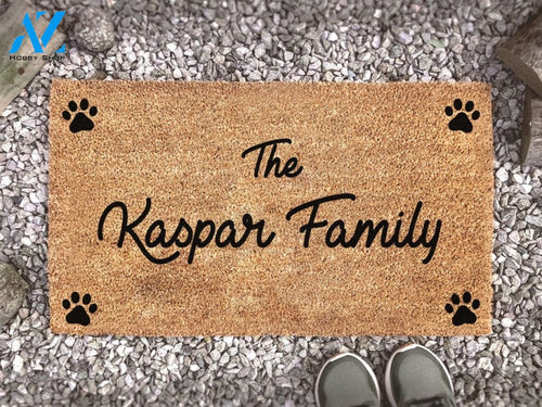 Personalised Family Name Paw Doormat - Dog Footprint Mat - Animal Lover Gift - Custom Coir Door Mat