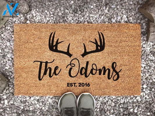 Personalized Antlers With Family Name and Est. Date - Country Doormat - Custom Coir Door Mat