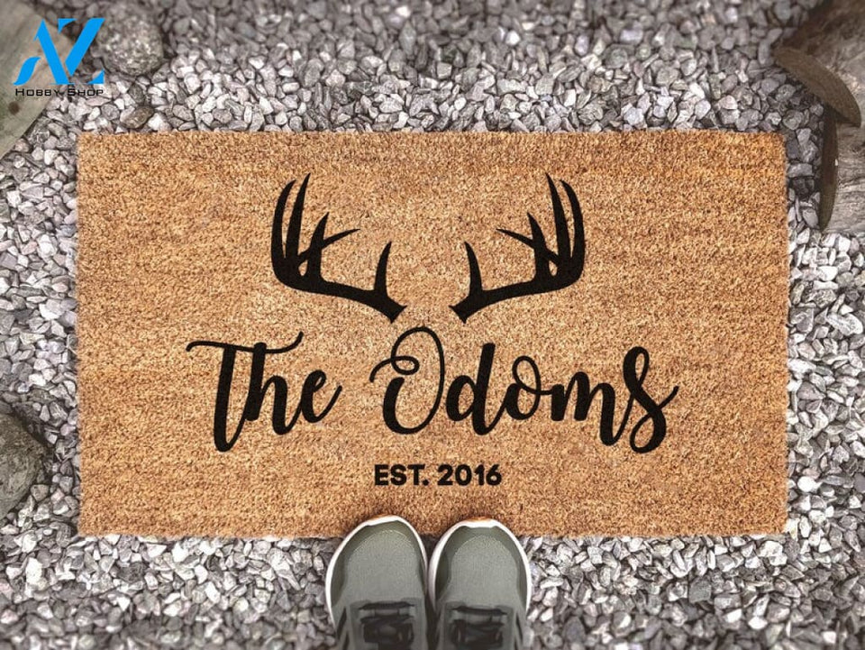 Personalized Antlers With Family Name and Est. Date - Country Doormat - Custom Coir Door Mat