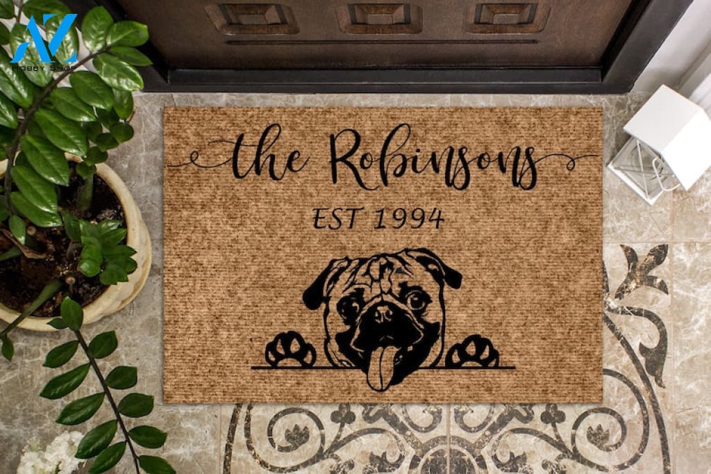 Personalized Doormat Pug Dog Custom Doormat Welcome Mat Housewarming Gift Last Name Doormat Pug Doormat