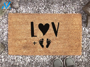 Personalized Family Initials + Baby Feet Love Heart Door Mat - Custom Coir Rug - New Parent - Pregnancy - Baby Shower