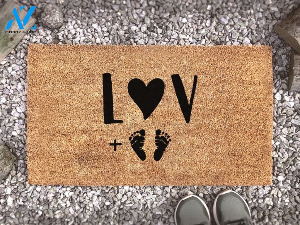 Personalized Family Initials + Baby Feet Love Heart Door Mat - Custom Coir Rug - New Parent - Pregnancy - Baby Shower
