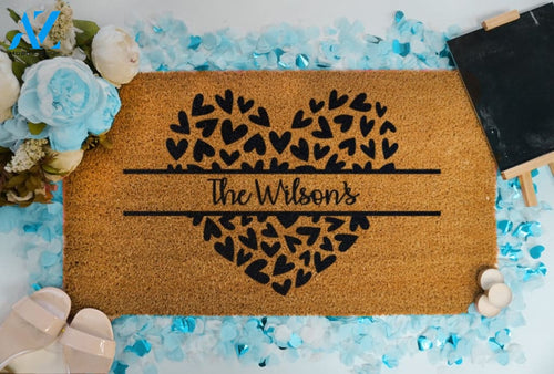Personalized Heart Welcome Door Mat - Couples Name Doormat - Custom Coir Mat - Home Decor - Valentines Day Gift Idea