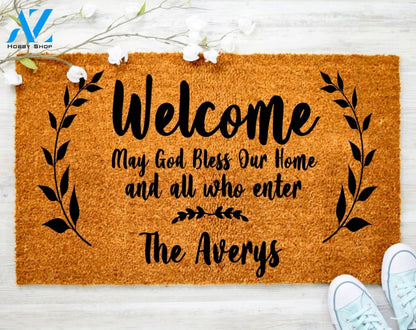 Personalized Welcome May God Bless Our Home Mat Welcome Doormat Porch Decor Fall Porch Decor Coir Doormat