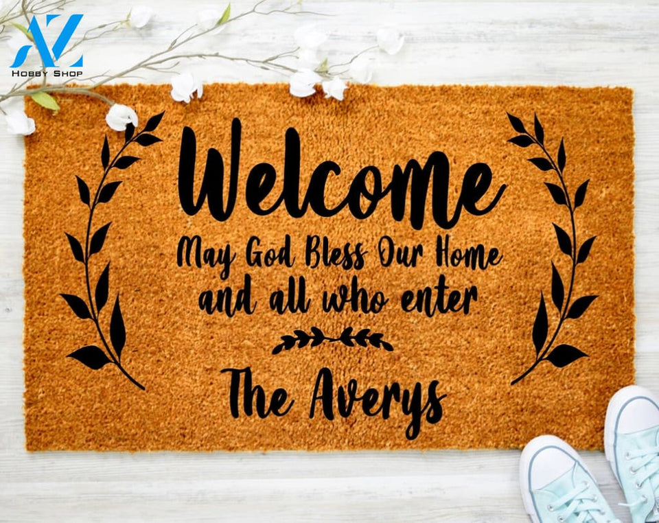 Personalized Welcome May God Bless Our Home Mat Welcome Doormat Porch Decor Fall Porch Decor Coir Doormat