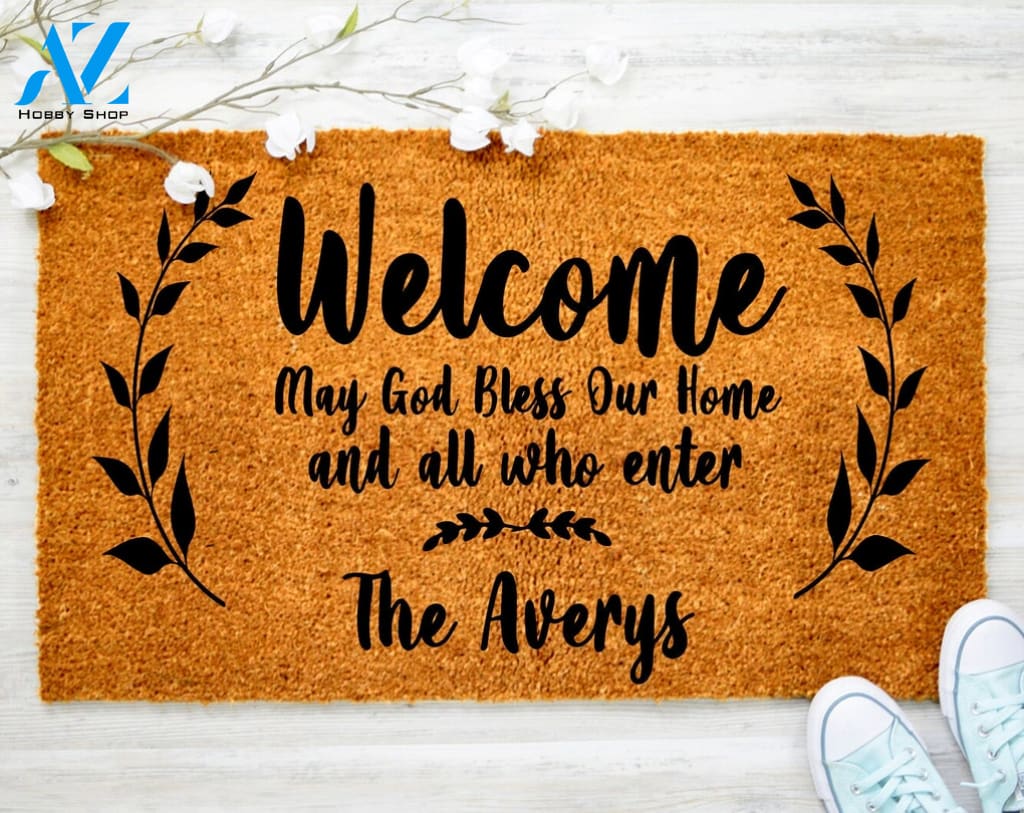 Personalized Welcome May God Bless Our Home Mat Welcome Doormat Porch Decor Fall Porch Decor Coir Doormat