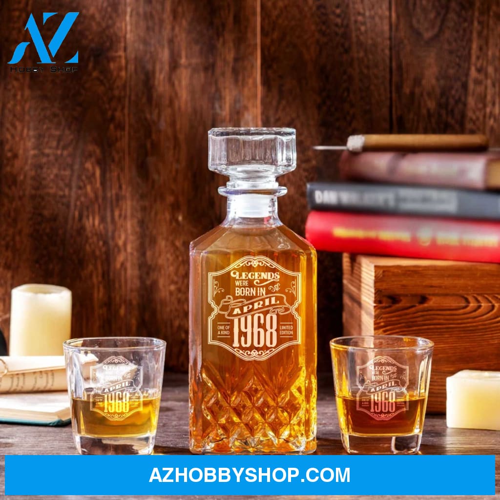 Personalized Whiskey Decanter Set Engraved Wooden Gift Box (Birthday - April 1968) Pentagon Birthday