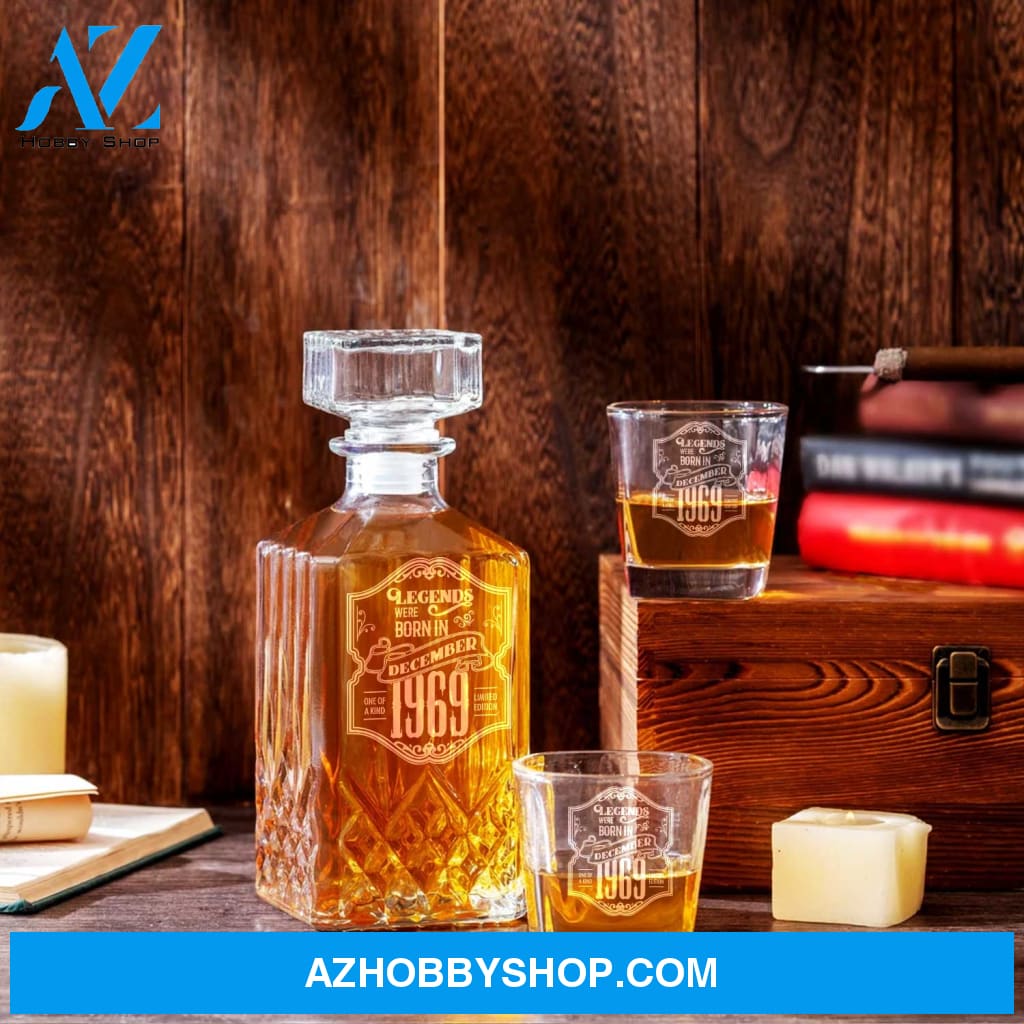 Personalized Whiskey Decanter Set Engraved Wooden Gift Box (Birthday - December 1969) Pentagon