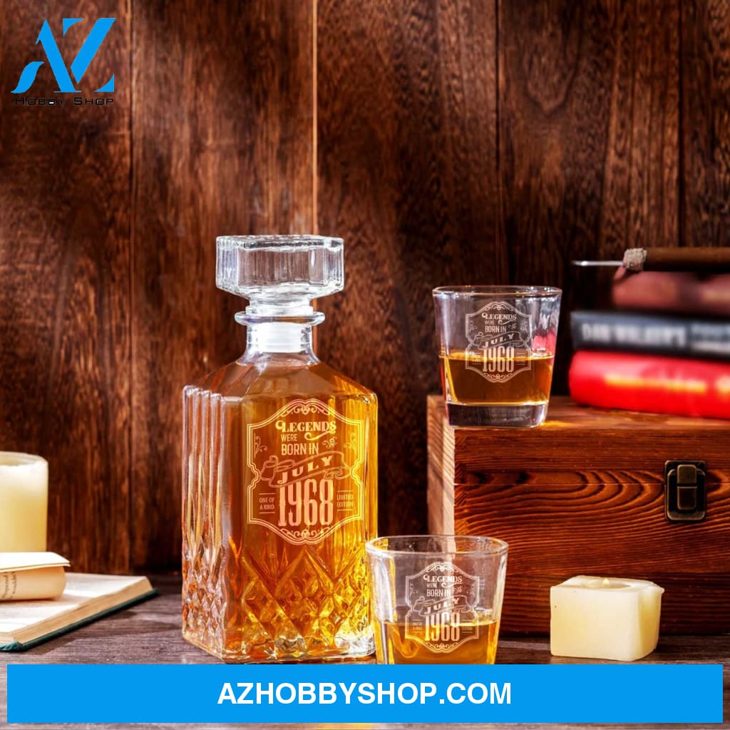 Personalized Whiskey Decanter Set Engraved Wooden Gift Box (Birthday - July 1968) Pentagon Birthday