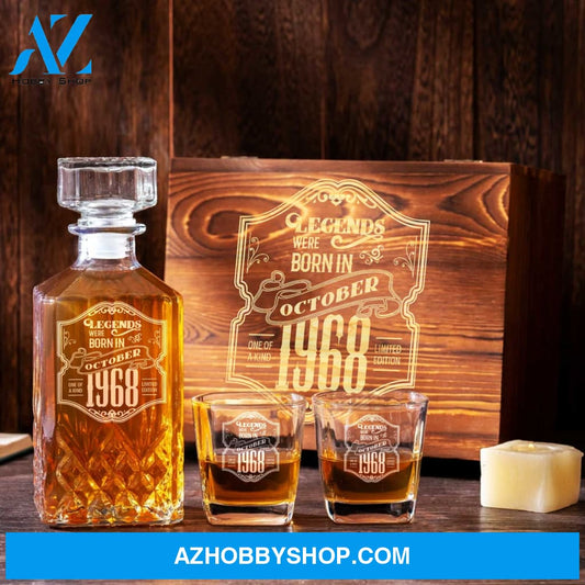 Personalized Whiskey Decanter Set Engraved Wooden Gift Box (Birthday - October 1968) Pentagon