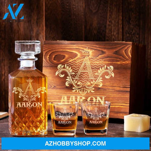 Personalized Whiskey Decanter Set Engraved Wooden Gift Box (Letter A) Whiskey Box Birthday Wood