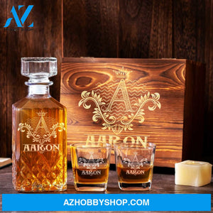 Personalized Whiskey Decanter Set Engraved Wooden Gift Box (Letter A) Whiskey Box Birthday Wood