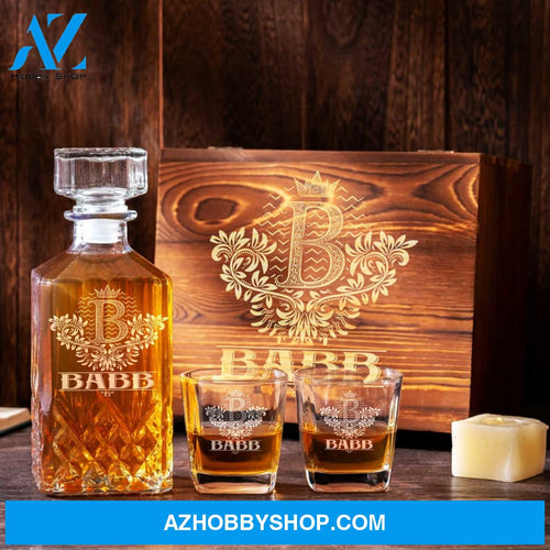 Personalized Whiskey Decanter Set Engraved Wooden Gift Box (Letter B) Whiskey Box Birthday Wood