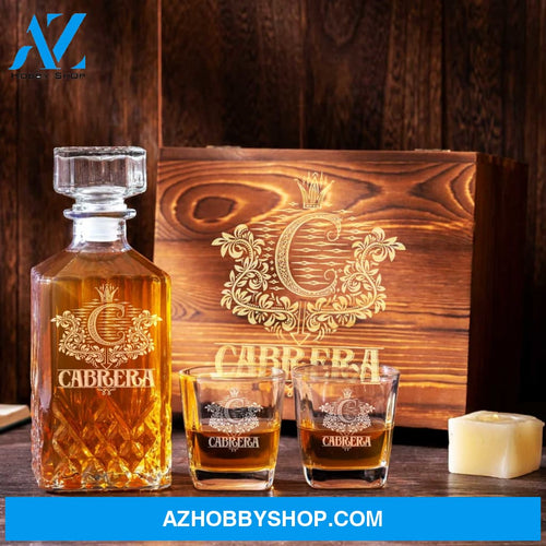 Personalized Whiskey Decanter Set Engraved Wooden Gift Box (Letter C) Whiskey Box Birthday Wood