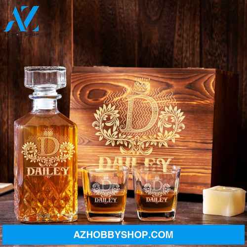 Personalized Whiskey Decanter Set Engraved Wooden Gift Box (Letter D) Whiskey Box Birthday Wood