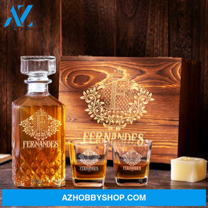 Personalized Whiskey Decanter Set Engraved Wooden Gift Box (Letter F) Whiskey Box Birthday Wood