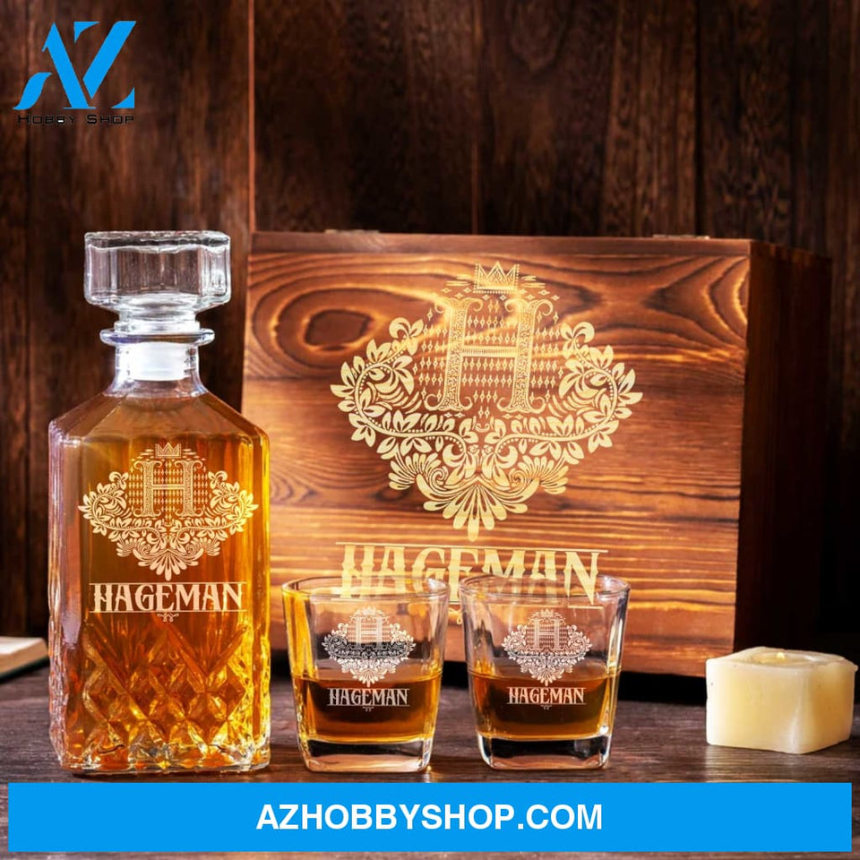 Personalized Whiskey Decanter Set Engraved Wooden Gift Box (Letter H) Whiskey Box Birthday Wood