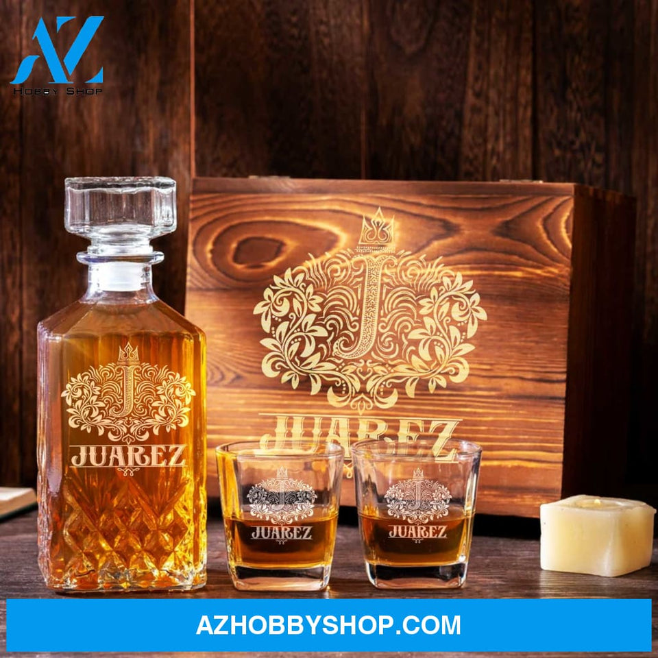 Personalized Whiskey Decanter Set Engraved Wooden Gift Box (Letter J) Whiskey Box Birthday Wood