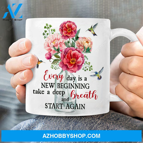 Pink poppy, Crystal vase, Colorful hummingbird, Every day is a new beginning - Jesus White Mug