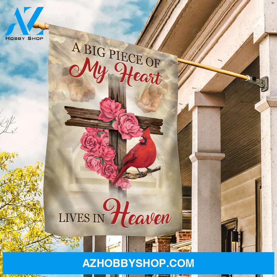 Pink rose, Cross symbol, Red cardinal, A big piece of my heart lives in heaven - Heaven Flag