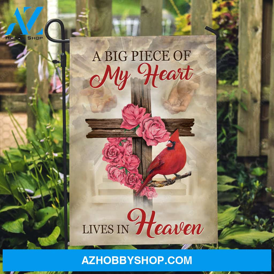 Pink rose, Cross symbol, Red cardinal, A big piece of my heart lives in heaven - Heaven Flag