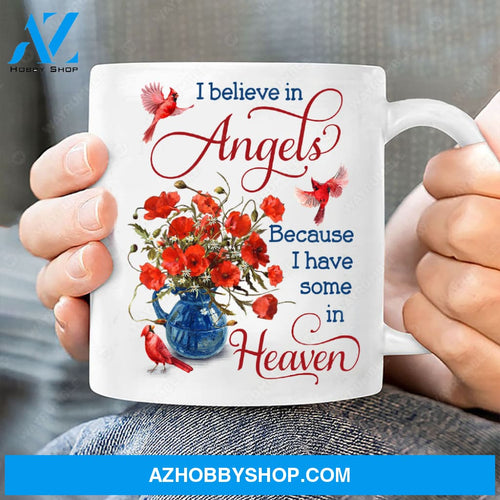 Poppy flower, Cardinal painting, Vintage flower vase, I believe in angels - Heaven White Mug