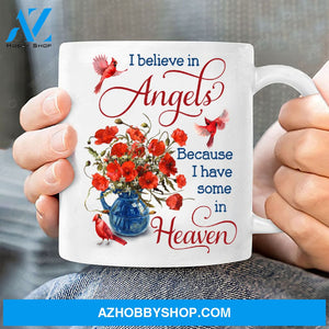 Poppy flower, Cardinal painting, Vintage flower vase, I believe in angels - Heaven White Mug