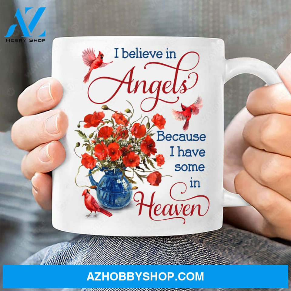 Poppy flower, Cardinal painting, Vintage flower vase, I believe in angels - Heaven White Mug