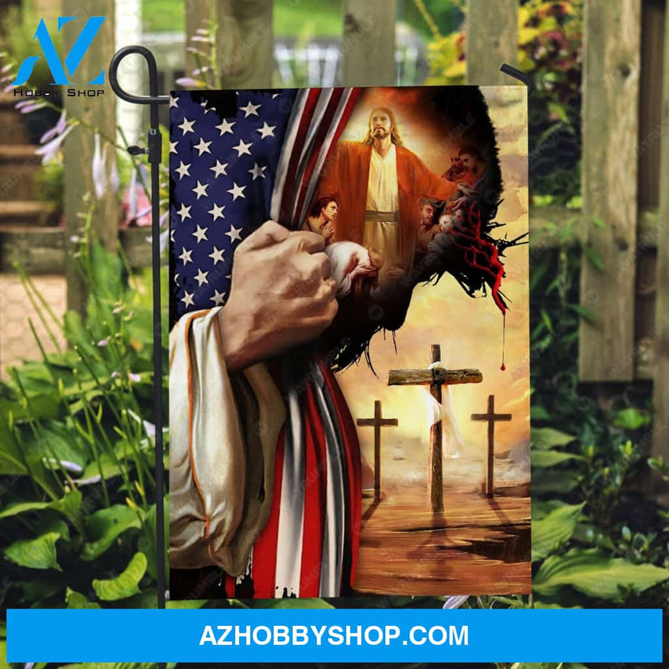 Pray for healing, Jesus's hand, Cross symbol, US flag painting - Jesus Flag