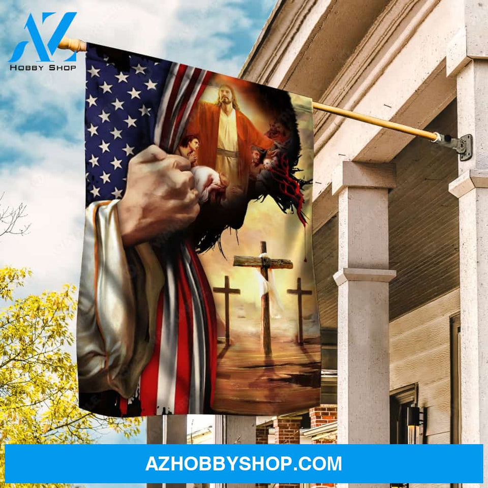 Pray for healing, Jesus's hand, Cross symbol, US flag painting - Jesus Flag