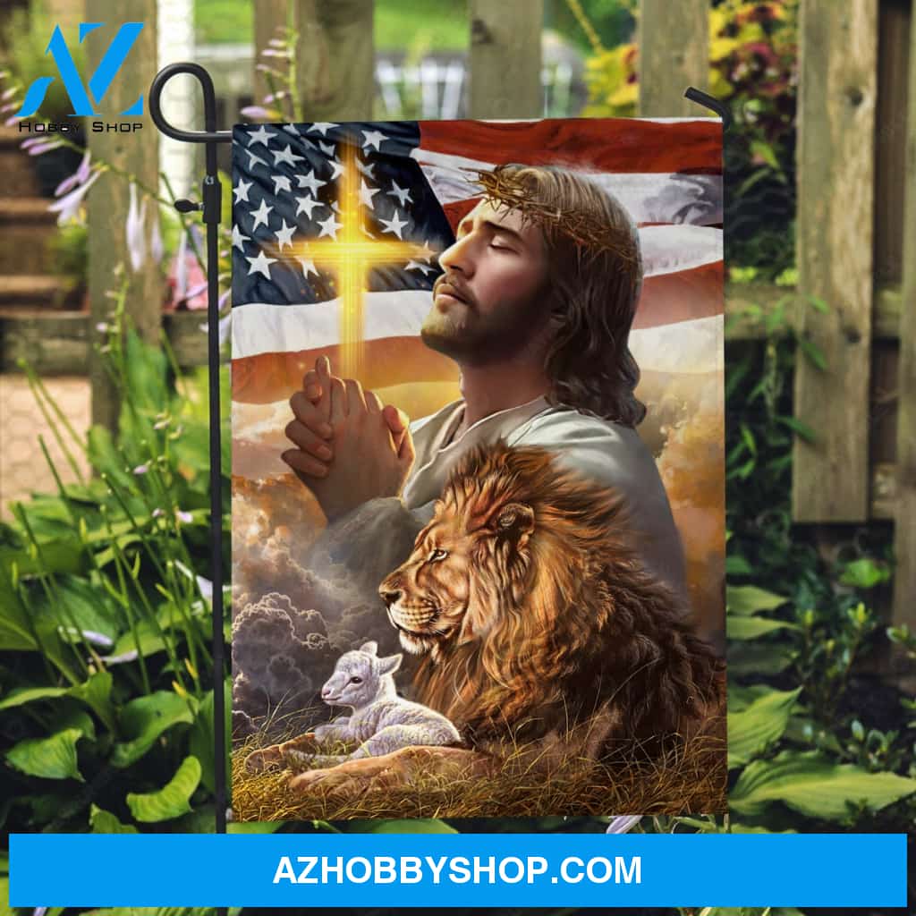 Pray with Jesus, Brown lion, Amazing US flag, Yellow cross - Jesus Flag