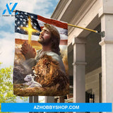 Pray with Jesus, Brown lion, Amazing US flag, Yellow cross - Jesus Flag