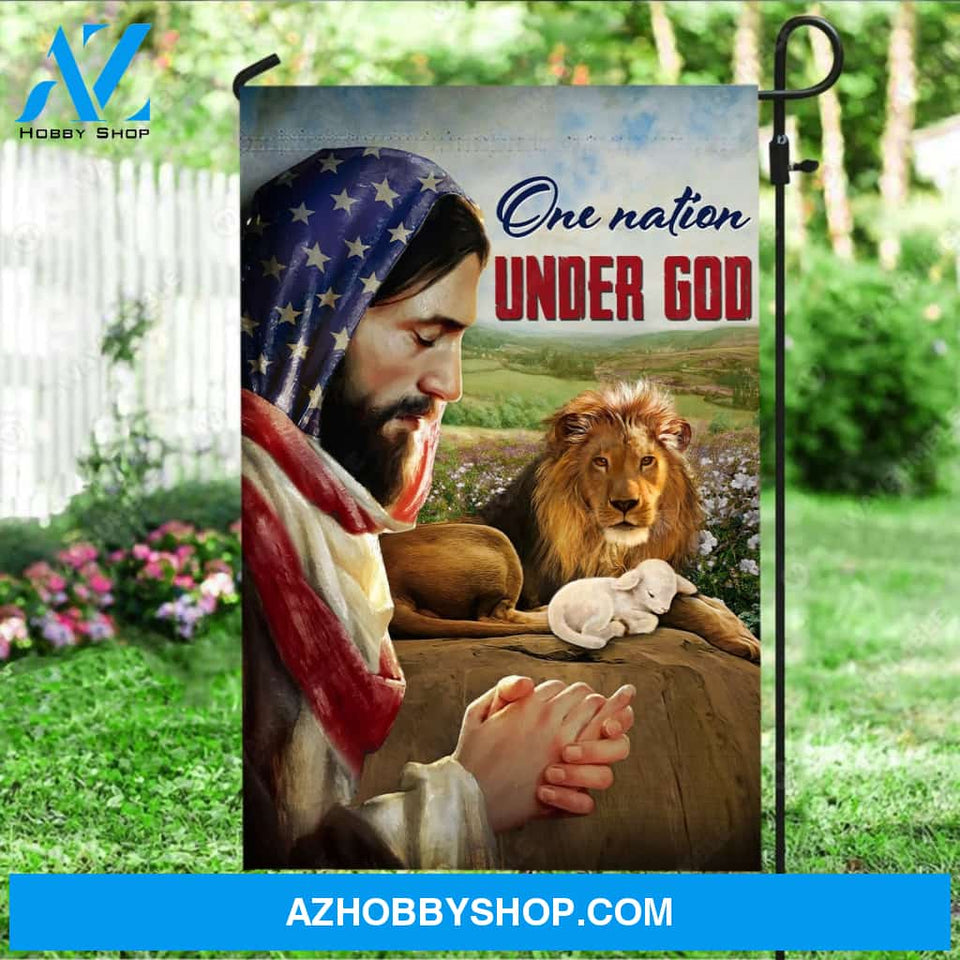 Pray with Jesus, Brown lion painting, Little lamb, One nation under God - Jesus Flag