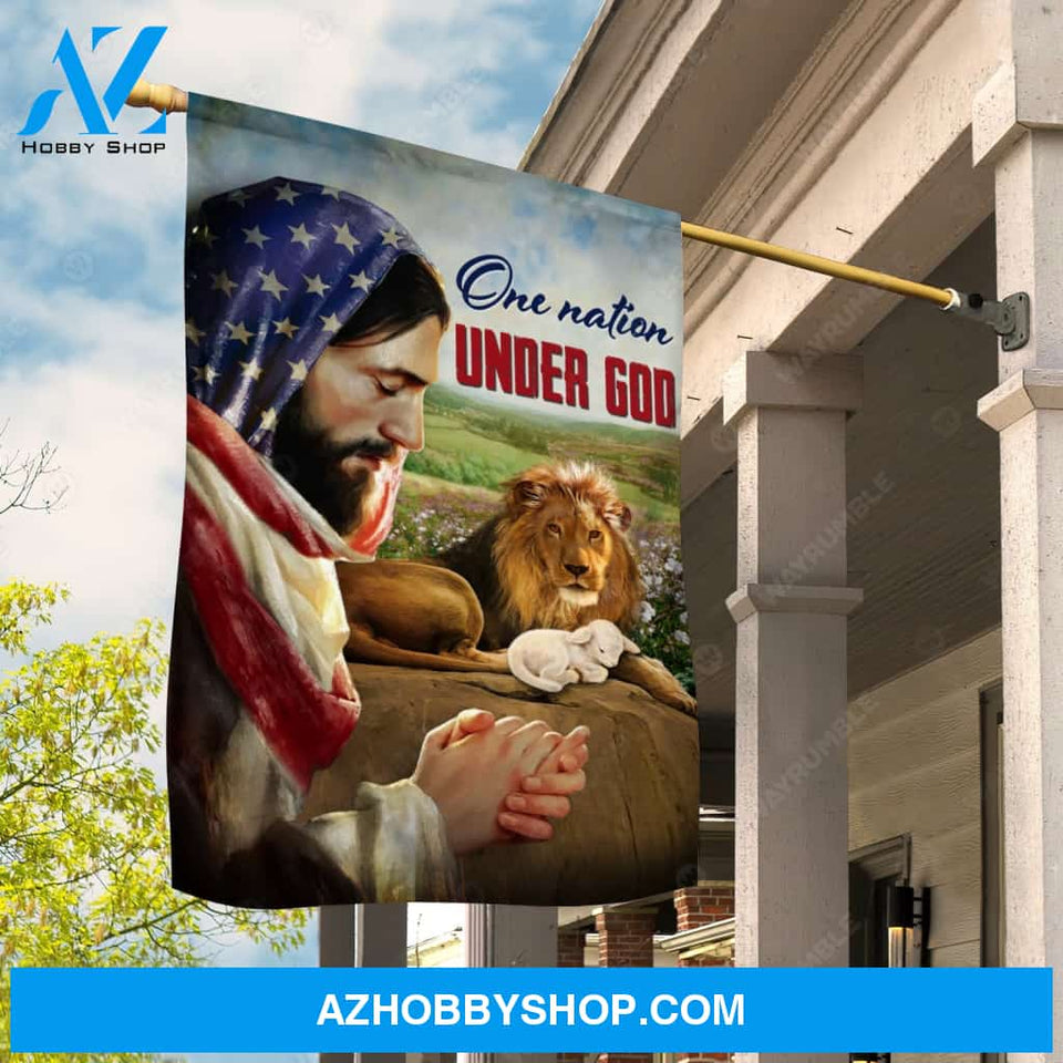 Pray with Jesus, Brown lion painting, Little lamb, One nation under God - Jesus Flag