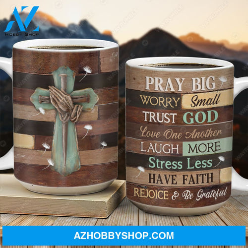 Praying hand, Wooden cross, Dandelion drawing, Pray big Worry small - Jesus AOP Mug
