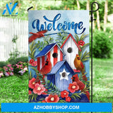 Pretty birdhouse, Watercolor cardinal, Red flower, Welcome - Jesus Flag