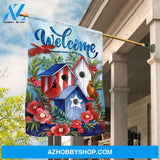 Pretty birdhouse, Watercolor cardinal, Red flower, Welcome - Jesus Flag