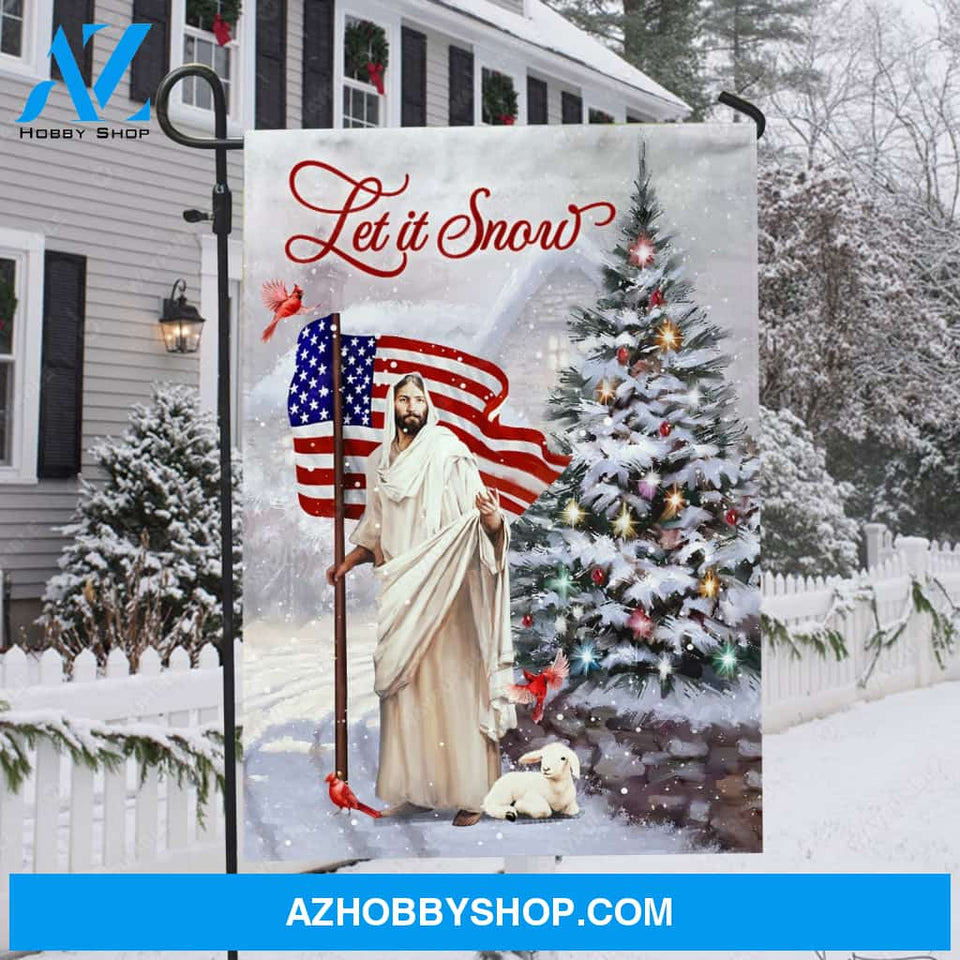 Pretty Christmas tree, White lamb, Beautiful US flag, Let it snow - Jesus Flag