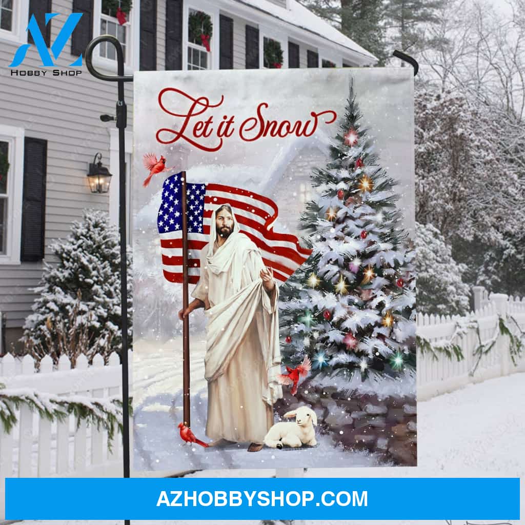 Pretty Christmas tree, White lamb, Beautiful US flag, Let it snow - Jesus Flag