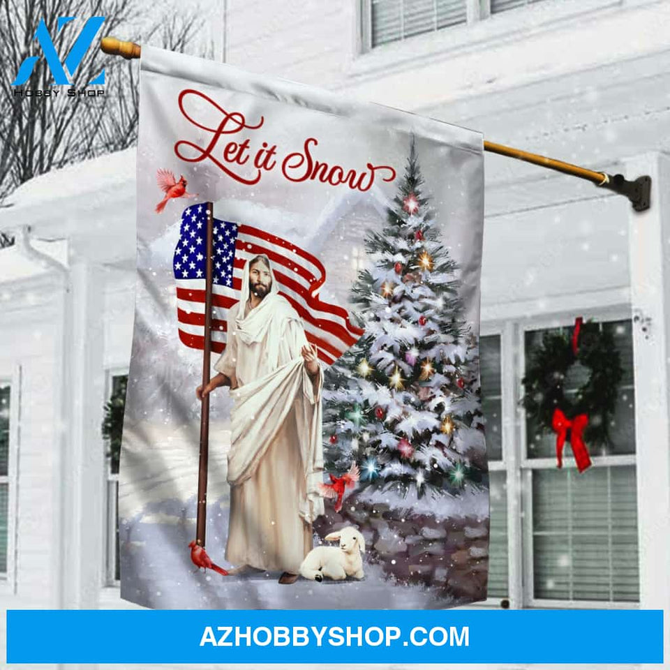 Pretty Christmas tree, White lamb, Beautiful US flag, Let it snow - Jesus Flag