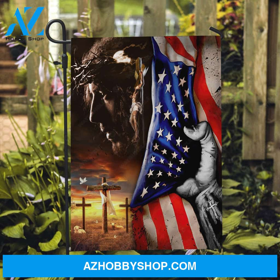 Pretty sunset, US flag, The real face of Jesus, Jesus on the cross - Jesus Flag