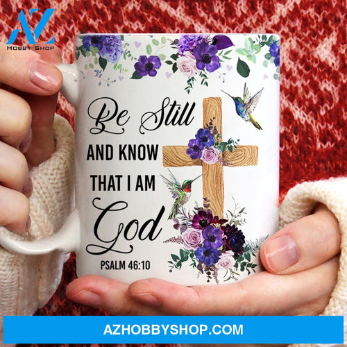 Purple poppy flower, Wooden cross, Colorful drawing, Be still and know that I am God - Jesus AOP Mug