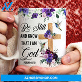 Purple poppy flower, Wooden cross, Colorful drawing, Be still and know that I am God - Jesus AOP Mug