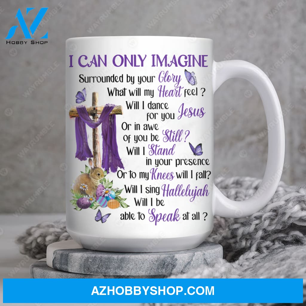 Purple version, Easter eggs, Cross symbol, Rabbit drawing, I can only imagine - Jesus White Mug