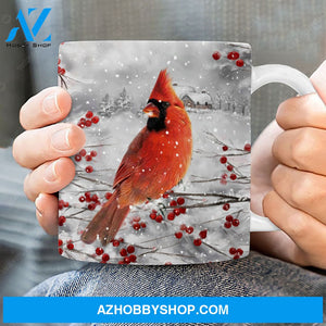 Red cardinal, Cranberry tree, Winter season, Beautiful bird painting - Heaven White Mug