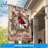 Red cardinal drawing, Cranberry wreath, Winter forest, Be still and know that I am God - Jesus Flag