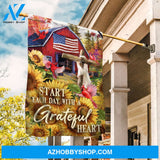 Red house painting, Sunflower garden, Cardinal, Start each day with a grateful heart - Jesus Flag