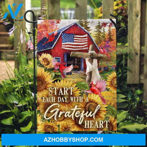 Red house painting, Sunflower garden, Cardinal, Start each day with a grateful heart - Jesus Flag